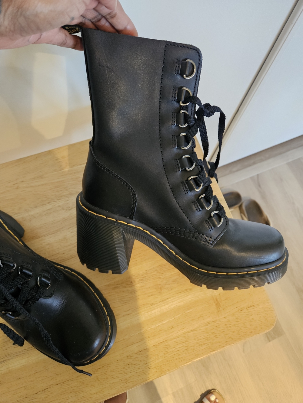 Dr. Martens Black Lace-Up Platform Combat Boots with Yellow Stitching - Picture 7 of 8